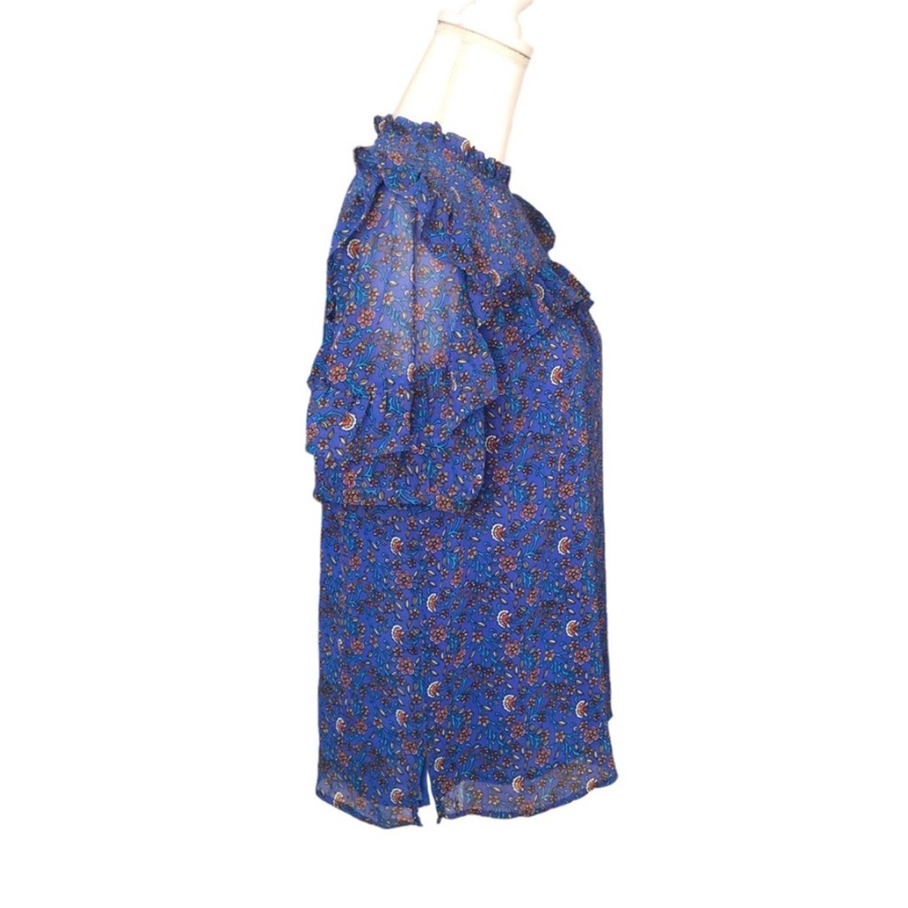 LOFT Blue Floral Mock Neck Ruffled Short Sleeve Blouse Size M - Picture 6 of 8